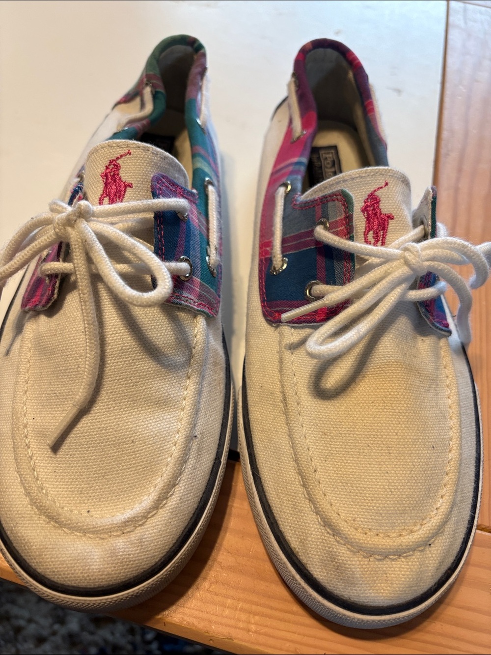 Ralph Lauren White Canvas Boat Shoes with Pink & Teal Accents
